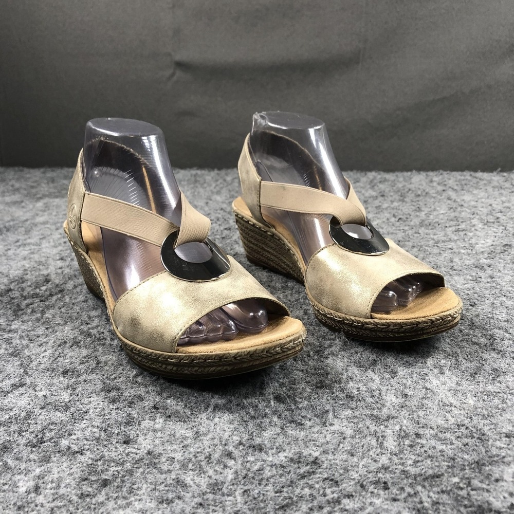 Rieker Wedge Sandals Womens 8 Beige Stretch Espadrille Medallion Comfort
